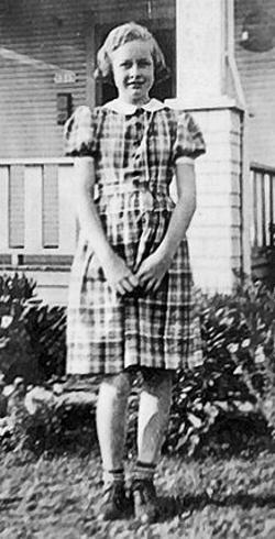 Here�s the subject of this month�s historical interview, Jan Mejdell, as a youngster dressed up for a day with her dad watching baseball at the Portland�s Vaughn Street Park � or possibly a night at the movies. Behind her is the home her grandfather Ephram built, at 53rd and S.E. Holgate.