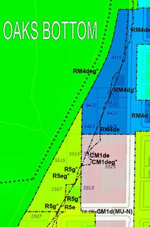 This close-up from a city map of the Westmoreland business property in question shows its previous zoning, and � in the diagonal line wandering down parallel to Oaks bluff, angling downward leftward through the entire property � the former landslide risk area which extends for fifty feet from both sides of that line. Read on to find out what has happened to that hazard zone, and why it was ignored.