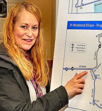 TriMet Communications Director Roberta Altstadt showed THE BEE a proposed change to the Line 19 bus, and how it would affect the Woodstock, Eastmoreland, and Westmoreland neighborhoods.