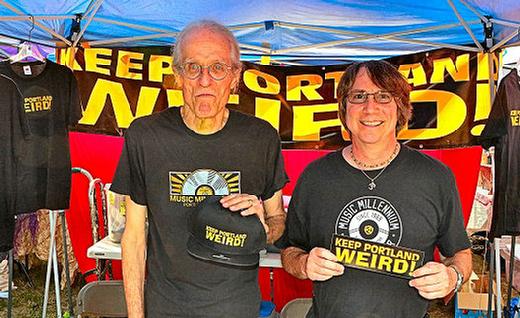 At the Portland Weird Festival in Oaks Park, the originators of the Keep Portland Weird slogan  Music Millennium, in the form of the companys logo designer Steve Blackburn, and store manager Phil Coons  showed off in their booth their own weird branded merchandise.