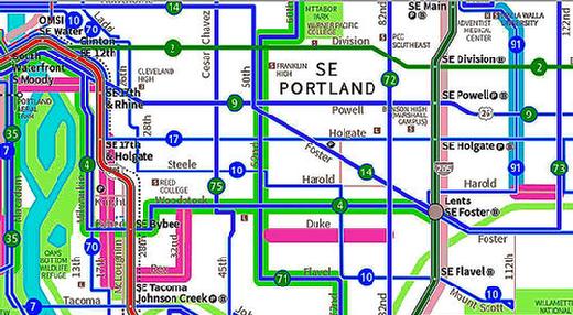 Here is the latest version of the proposed route changes in the section of Southeast Portland directly served by THE BEE. The bright red line is the Orange MAX light rail line; the wide magenta lines apparently show where current bus service would no longer be provided.