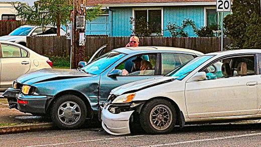 The collision wound up with the two cars together on the sidewalk, and one of the drivers pinned in her car. In the end, though, there were apparently no injuries in this crash, despite the damage to both cars.