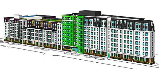 Heres the currently-proposed look of the new two-block-long, seven-story-high apartment house planned for the edge of the Oaks Bottom Bluff on the west side of Milwaukie Avenue, between Ellis and Insley Streets at the north end of Westmoreland.