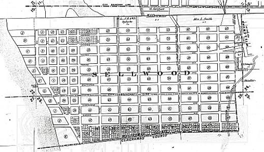 This map shows the Plat of Sellwood in 1893, eleven years after John Sellwood sold his 321 acres for development. The 1882 line between Multnomah and Clackamas Counties was still at Central Street (now renamed Sherrett); but that line was moved further south later in 1893 to Ochoco Street. Multnomah Street later became Harney; and Clackamas Street became Clatsop.