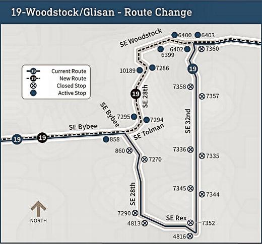 This graphic shows the new route around the west end of Eastmoreland, keeping Bus 19 on Woodstock Boulevard until S.E. 28th, when it turns south to Bybee (and vice versa on the return trip). The loop into Eastmoreland was eliminated on August 27th.