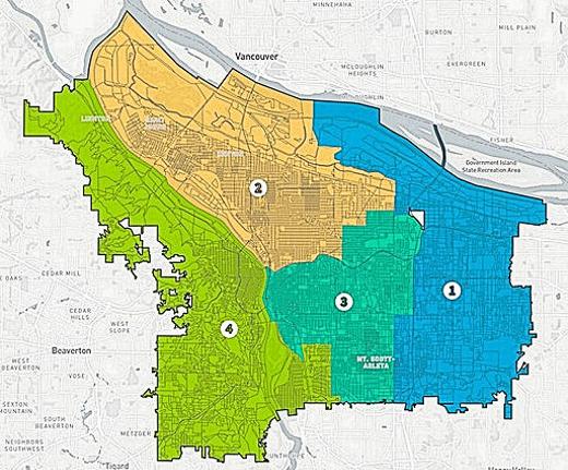 Here, again, is the citys map of the four City Council voting districts. As weve mentioned earlier, the map errs in including Ross Island in District 4, since the Brooklyn neighborhood has long claimed it as part of their neighborhood  which is in District 3. But thats only academic, since there is no voter registered as residing on Ross Island.