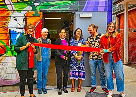 In a new twist to the ceremony of ribbon-cutting, All Saints held several of them, to involve as many of those who helped in opening the new Woodstock Pantry as possible. In this one, from left, were: All Saints Rev. Andria Skornik, Chris Gustafson, Bishop Diana Akiyama, Leslie Rangel, Nich Ealy Elder, and Lindsay Strannigan.