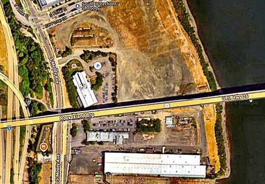 This aerial look at the property thats now under consideration for a major league baseball park shows the Zidell property on the west bank of the Willamette River, with the Ross Island Bridge soaring over part of the potential ballpark property.