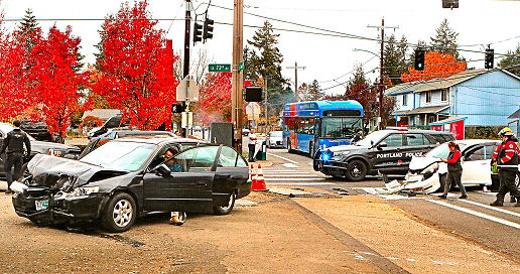 When two Hondas violently collided, nearly head-on, at S.E. Flavel and 72nd on November 10th, both vehicles came to rest in the southeast corner of the intersection.