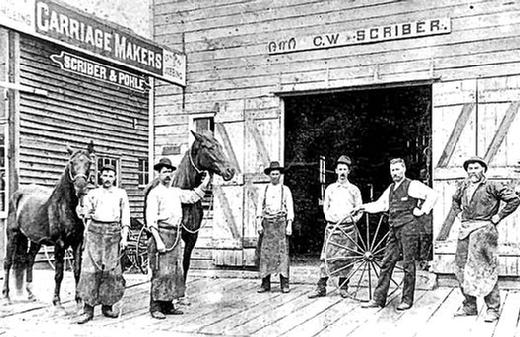 Lacking a good photo of a typical blacksmith shop along 17th Avenue in Sellwood in the early 1900s, this photo of the Scriber and Pohle Carriage Makers shop in Salem, Oregon, at that time, will give you an idea of what they all would have looked like. Trimble and Williams, Herman Vorphal, A.N. Guffney, and J.A. Fields were a few of the blacksmiths found along Sellwoods 17th Avenue in those days.