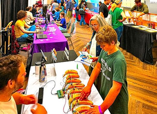 At this years Oregon Science Festival in the OMSI Auditorium, the Electronic Music Club presented Make Your Fruits and Veggies Sing  using bananas as a keyboard. A possible life lesson to learn from this: Thou shalt not eat nor squish thy keyboard!