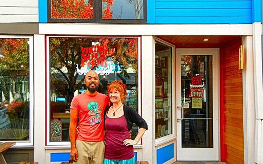 This past spring Viking Soul Food closed its food cart on S.E. Belmont, and now this tiny restaurant on Woodstock Boulevard is their full-time home  in which they create traditional and unique Norwegian comfort food. Co-owners Jeremy Daniels and Megan Walhood stand in front of their restaurant.